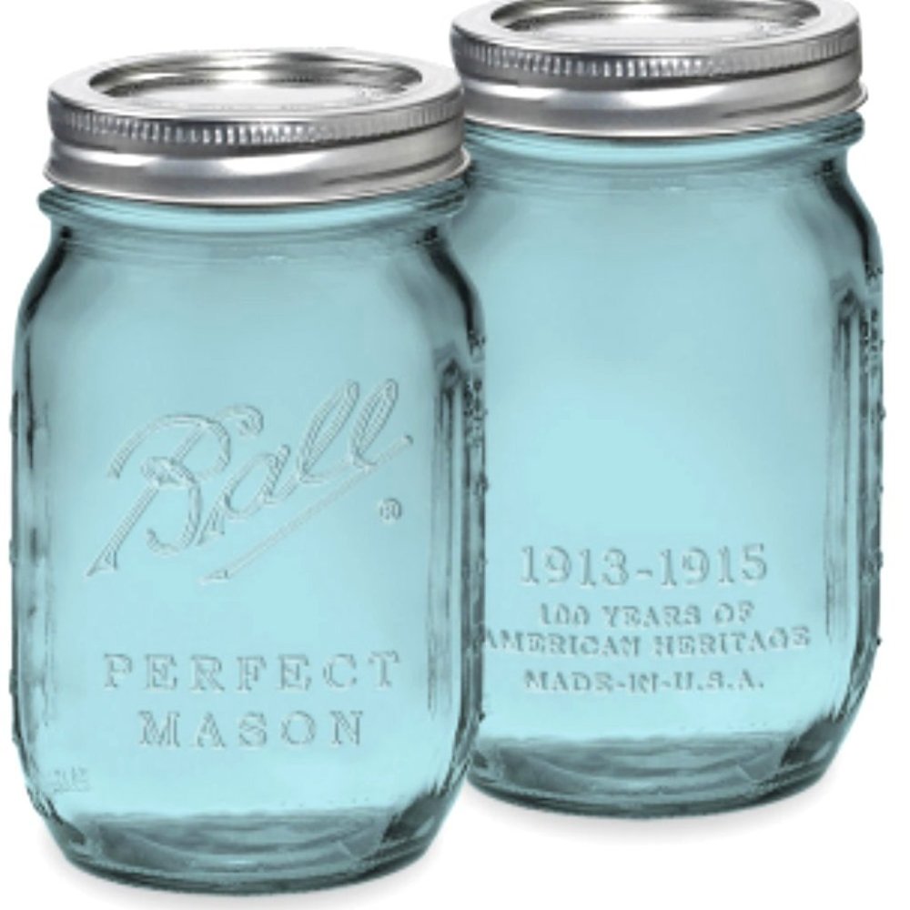 Set of Two New 100th Anniversary Blue 16oz Ball Heritage Jars -  Collectible